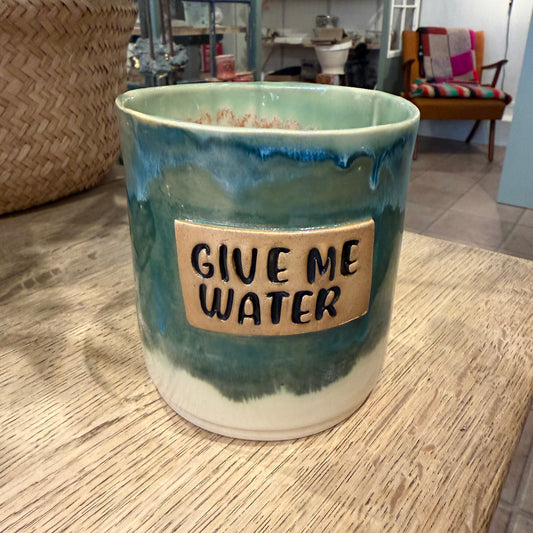 Urtepotte med tekst; GIVE ME WATER